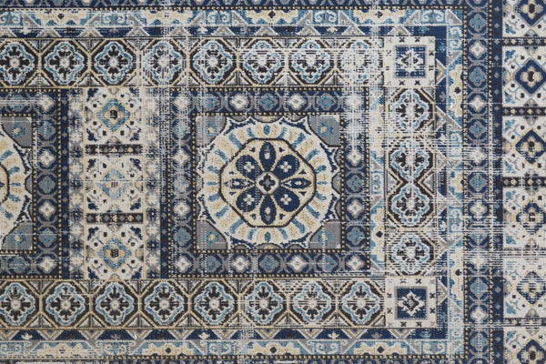HomeRoots 7' Ivory and Blue Medallion Distressed Area Rug - Timeless Elegance for Any Space, Easy Care & Durable 7' X 10' 514627