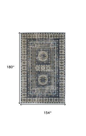 HomeRoots 7' Ivory and Blue Medallion Distressed Area Rug - Timeless Elegance for Any Space, Easy Care & Durable 13' X 15' 514631