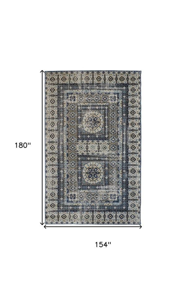 HomeRoots 7' Ivory and Blue Medallion Distressed Area Rug - Timeless Elegance for Any Space, Easy Care & Durable 13' X 15' 514631