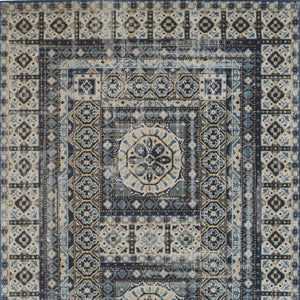 HomeRoots 7' Ivory and Blue Medallion Distressed Area Rug - Timeless Elegance for Any Space, Easy Care & Durable 13' X 15' 514631