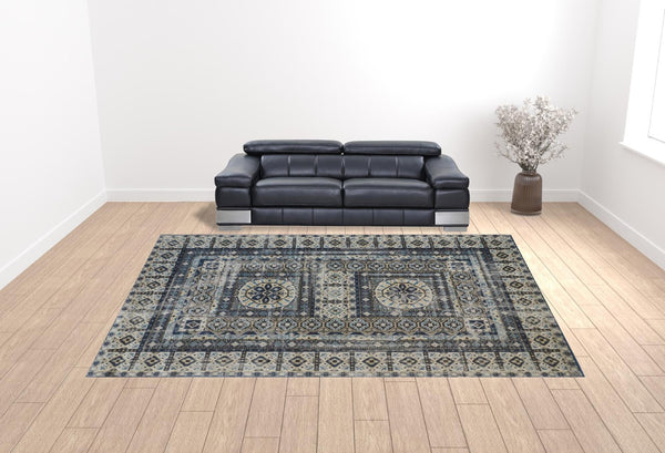 HomeRoots 7' Ivory and Blue Medallion Distressed Area Rug - Timeless Elegance for Any Space, Easy Care & Durable 13' X 15' 514631