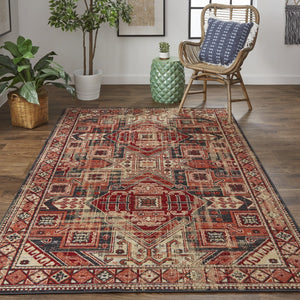 HomeRoots 10' Striking Red Tan and Black Abstract Area Rug - Durable, Stain Resistant Design for High-Traffic Rooms 10' X 13' 514636