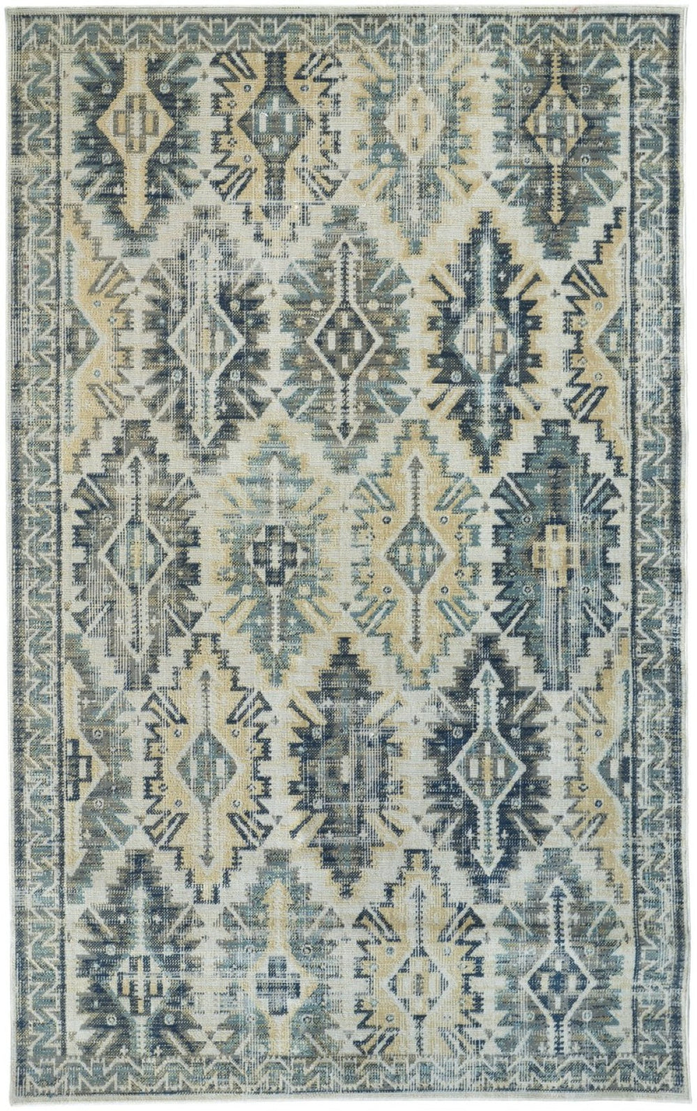 HomeRoots 13' Distressed Ivory Green and Blue Aztec Area Rug - Durable, Stylish Indoor/Outdoor Décor Piece 12' x 15' 514644