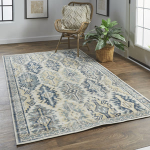 HomeRoots 13' Distressed Ivory Green and Blue Aztec Area Rug - Durable, Stylish Indoor/Outdoor Décor Piece 12' x 15' 514644