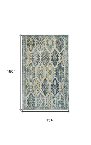 HomeRoots 13' Distressed Ivory Green and Blue Aztec Area Rug - Durable, Stylish Indoor/Outdoor Décor Piece 12' x 15' 514644