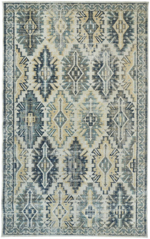 HomeRoots 13' Distressed Ivory Green and Blue Aztec Area Rug - Durable, Stylish Indoor/Outdoor Décor Piece 12' x 15' 514644