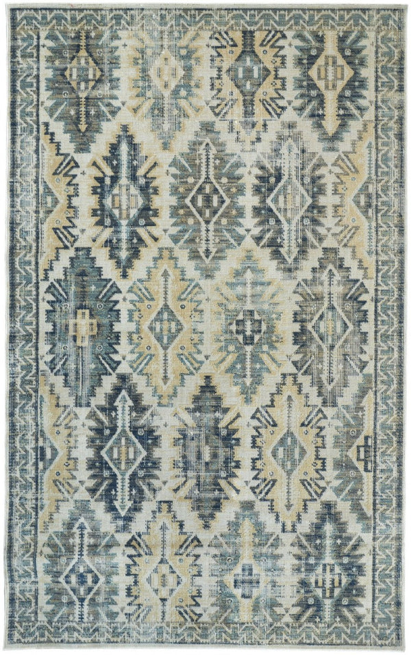 HomeRoots 13' Distressed Ivory Green and Blue Aztec Area Rug - Durable, Stylish Indoor/Outdoor Décor Piece 12' x 15' 514644