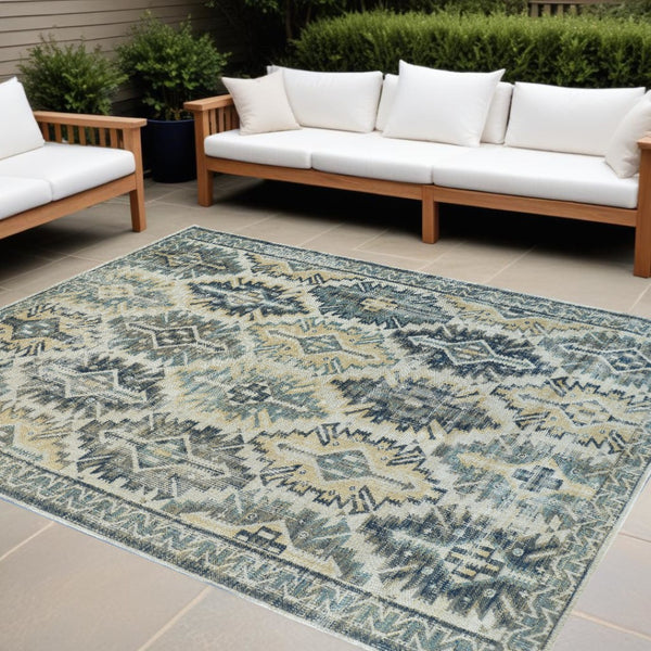 HomeRoots 13' Distressed Ivory Green and Blue Aztec Area Rug - Durable, Stylish Indoor/Outdoor Décor Piece 12' x 15' 514644