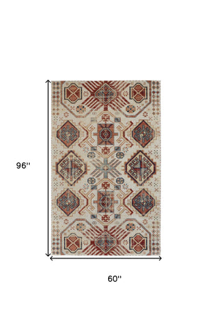 Homeroots 5' X 8' Ivory Red And Tan Abstract Power Loom Distressed Stain Resistant Area Rug Ivory,Red,Tan Polypropylene 514646