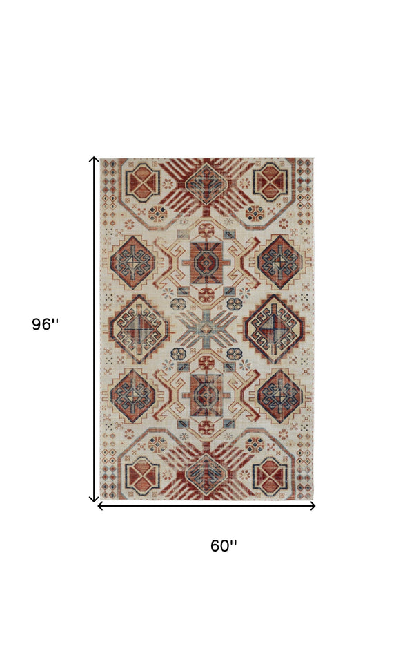 Homeroots 5' X 8' Ivory Red And Tan Abstract Power Loom Distressed Stain Resistant Area Rug Ivory,Red,Tan Polypropylene 514646