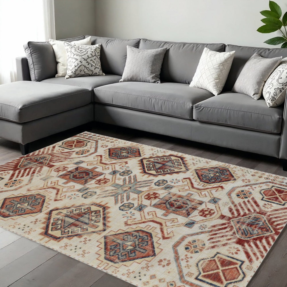 HomeRoots 10' Southwestern Distressed Area Rug in Red and Ivory – Durable, Stain-Resistant for High-Traffic Homes 10' X 13' 514649