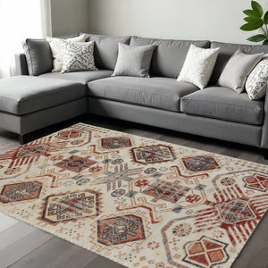 HomeRoots 10' Southwestern Distressed Area Rug in Red and Ivory – Durable, Stain-Resistant for High-Traffic Homes 10' X 13' 514649