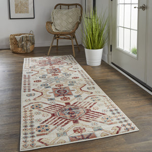 Homeroots 8' Ivory Red And Tan Abstract Power Loom Distressed Stain Resistant Runner Rug Ivory,Red,Tan Polypropylene 514650