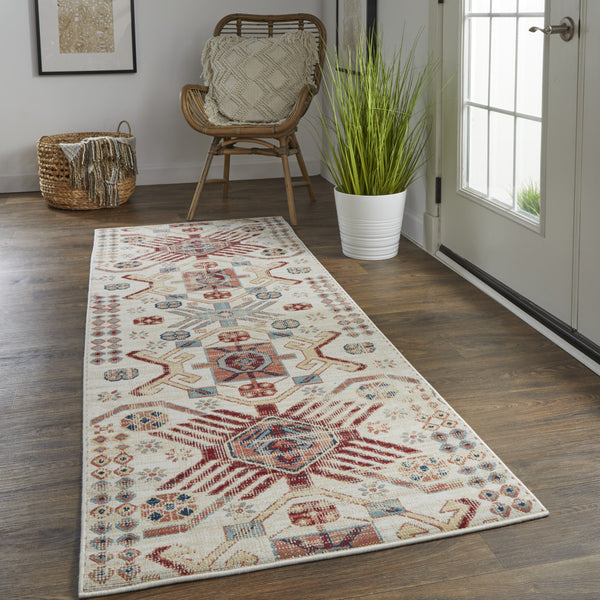 Homeroots 8' Ivory Red And Tan Abstract Power Loom Distressed Stain Resistant Runner Rug Ivory,Red,Tan Polypropylene 514650