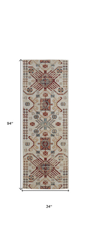 Homeroots 8' Ivory Red And Tan Abstract Power Loom Distressed Stain Resistant Runner Rug Ivory,Red,Tan Polypropylene 514650