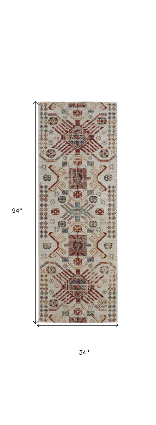 Homeroots 8' Ivory Red And Tan Abstract Power Loom Distressed Stain Resistant Runner Rug Ivory,Red,Tan Polypropylene 514650