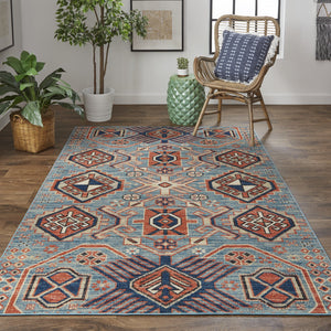Homeroots 8' X 11' Blue Red And Tan Abstract Power Loom Distressed Stain Resistant Area Rug Blue,Red,Tan Polypropylene 514655