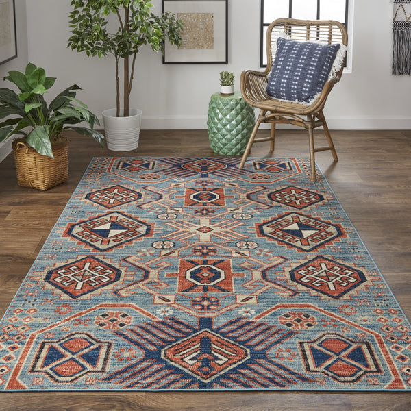 Homeroots 10' X 13' Blue Red And Tan Abstract Power Loom Distressed Stain Resistant Area Rug Blue,Red,Tan Polypropylene 514656