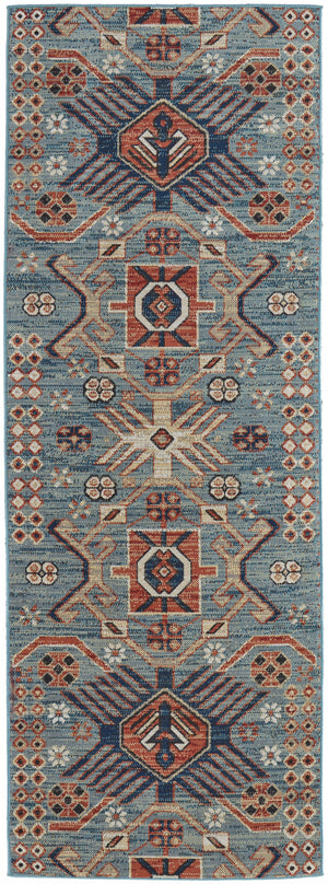 Homeroots 8' Blue Red And Tan Abstract Power Loom Distressed Stain Resistant Runner Rug Blue,Red,Tan Polypropylene 514657