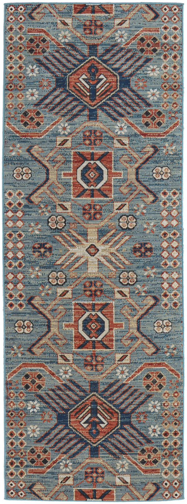 Homeroots 8' Blue Red And Tan Abstract Power Loom Distressed Stain Resistant Runner Rug Blue,Red,Tan Polypropylene 514657