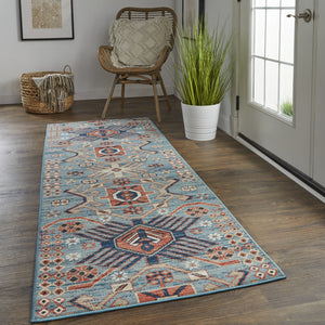 Homeroots 8' Blue Red And Tan Abstract Power Loom Distressed Stain Resistant Runner Rug Blue,Red,Tan Polypropylene 514657