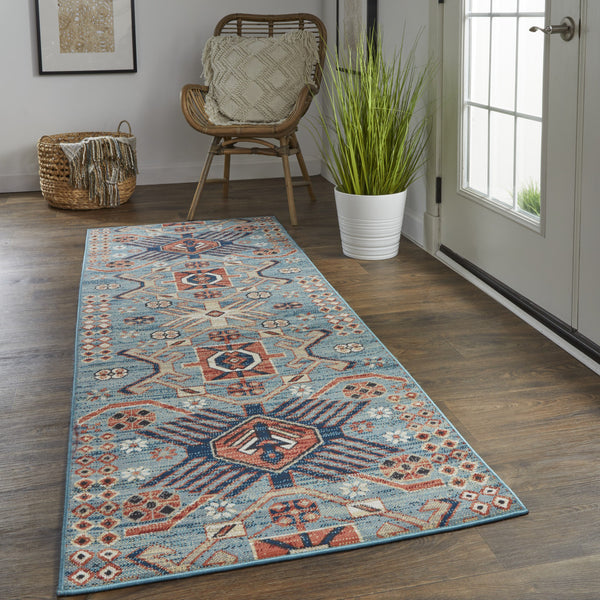 Homeroots 8' Blue Red And Tan Abstract Power Loom Distressed Stain Resistant Runner Rug Blue,Red,Tan Polypropylene 514657