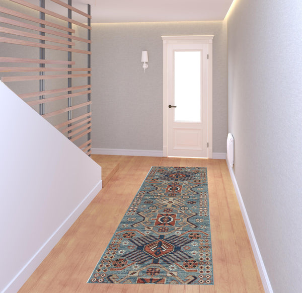 Homeroots 8' Blue Red And Tan Abstract Power Loom Distressed Stain Resistant Runner Rug Blue,Red,Tan Polypropylene 514657