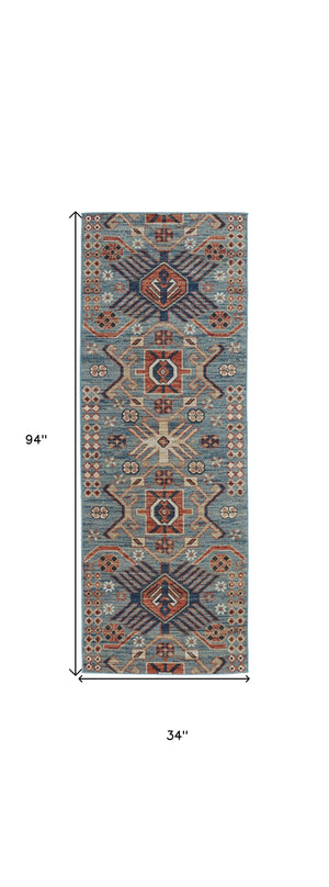 Homeroots 8' Blue Red And Tan Abstract Power Loom Distressed Stain Resistant Runner Rug Blue,Red,Tan Polypropylene 514657