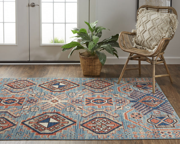 Homeroots 13' X 15' Abstract Power Loom Distressed Area Rug Blue,Red,Tan Polypropylene 514658