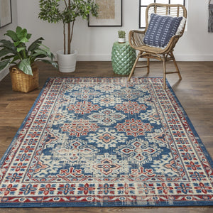 HomeRoots 13' Southwestern Distressed Area Rug - Earthy Blue, Red, and Ivory Design for Family-Friendly Spaces 13' X 15' 514665
