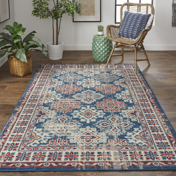 HomeRoots 13' Southwestern Distressed Area Rug - Earthy Blue, Red, and Ivory Design for Family-Friendly Spaces 13' X 15' 514665