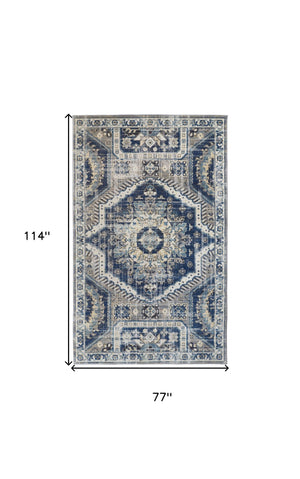 Homeroots 7' X 10' Blue And Ivory Abstract Power Loom Distressed Stain Resistant Area Rug Blue,Ivory Polypropylene 514668