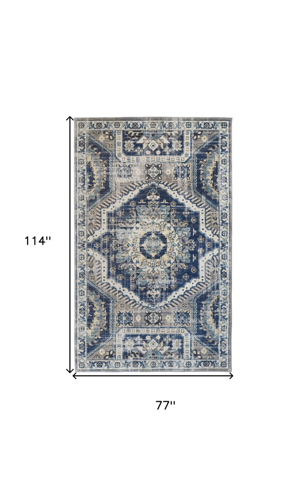 Homeroots 7' X 10' Blue And Ivory Abstract Power Loom Distressed Stain Resistant Area Rug Blue,Ivory Polypropylene 514668