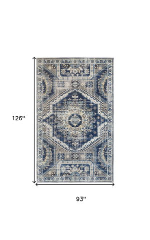 Homeroots 8' X 11' Blue And Ivory Abstract Power Loom Distressed Stain Resistant Area Rug Blue,Ivory Polypropylene 514669