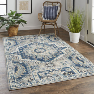Homeroots 8' X 11' Blue And Ivory Abstract Power Loom Distressed Stain Resistant Area Rug Blue,Ivory Polypropylene 514669