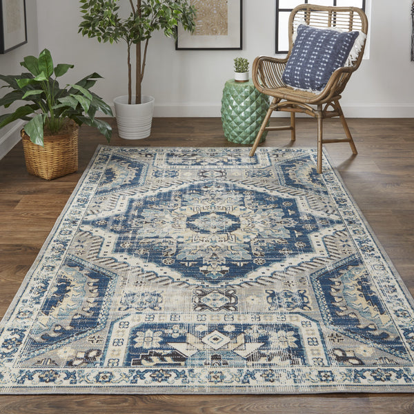 Homeroots 8' X 11' Blue And Ivory Abstract Power Loom Distressed Stain Resistant Area Rug Blue,Ivory Polypropylene 514669