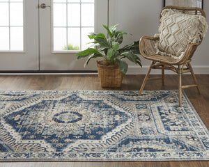 Homeroots 8' X 11' Blue And Ivory Abstract Power Loom Distressed Stain Resistant Area Rug Blue,Ivory Polypropylene 514669