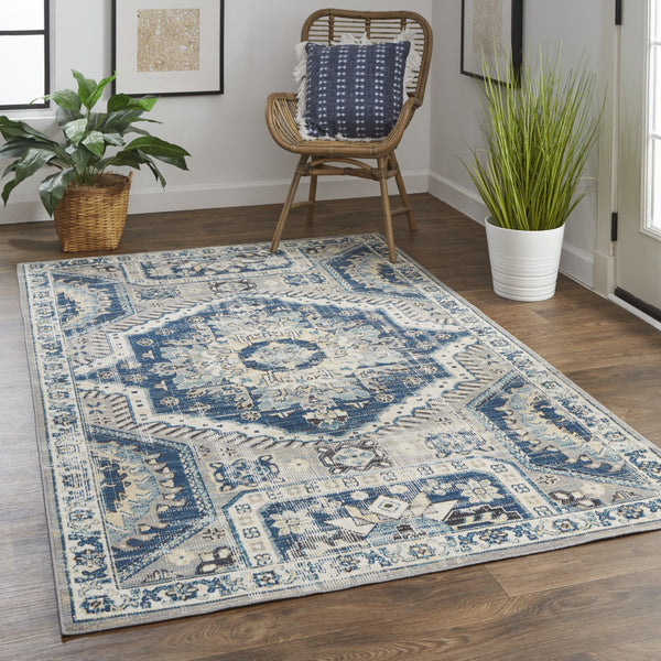 Homeroots 10' X 13' Blue And Ivory Abstract Power Loom Distressed Stain Resistant Area Rug Blue,Ivory Polypropylene 514670