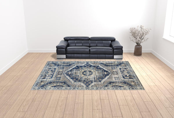 Homeroots 10' X 13' Blue And Ivory Abstract Power Loom Distressed Stain Resistant Area Rug Blue,Ivory Polypropylene 514670