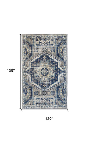 Homeroots 10' X 13' Blue And Ivory Abstract Power Loom Distressed Stain Resistant Area Rug Blue,Ivory Polypropylene 514670