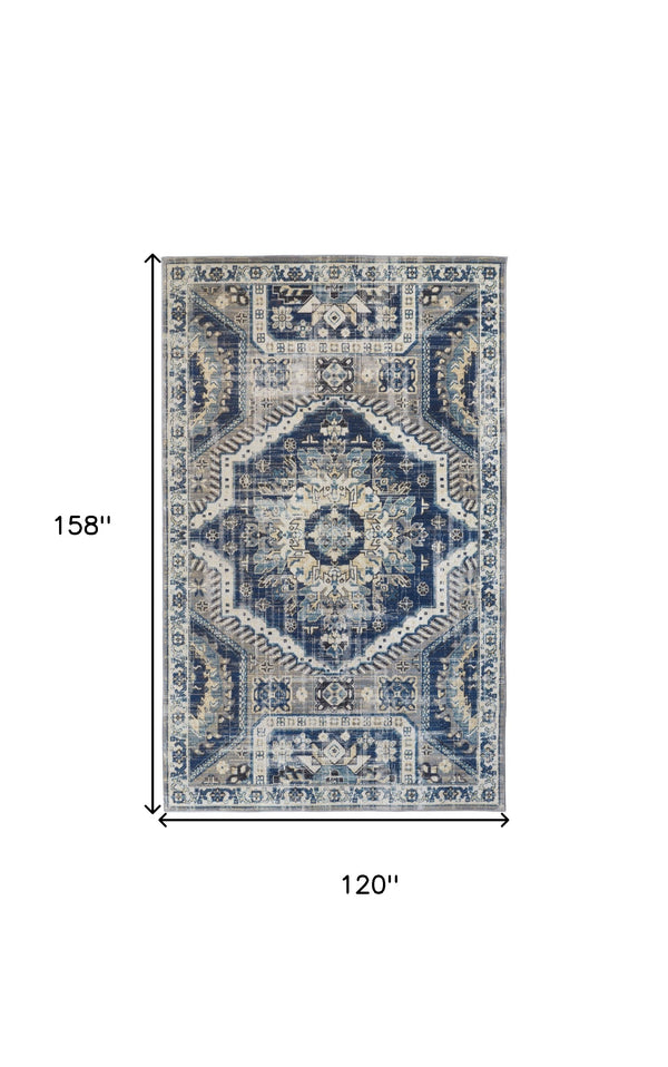 Homeroots 10' X 13' Blue And Ivory Abstract Power Loom Distressed Stain Resistant Area Rug Blue,Ivory Polypropylene 514670