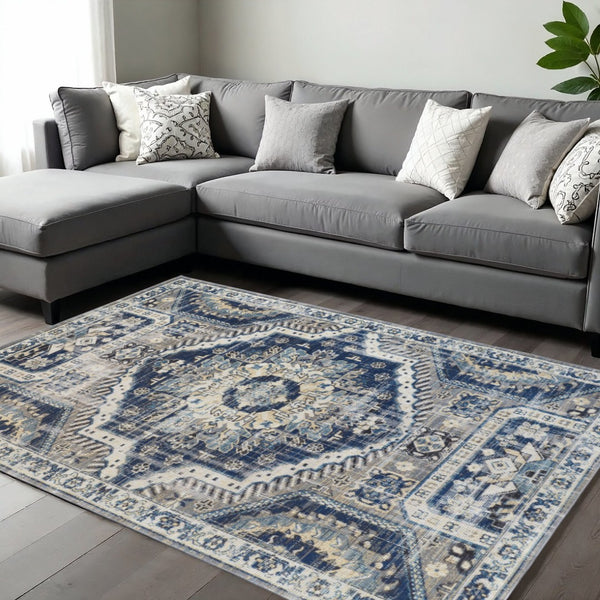 HomeRoots 10' Blue and Ivory Medallion Distressed Area Rug - Timeless Design, Durable, Easy-Care for Homes 10' X 13' 514670
