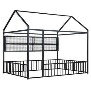 English Elm Full Metal House Bed Frame Full Size with Built-In Fence and 4 Grid Shelves for Durable Storage and Style Black N737P175361B