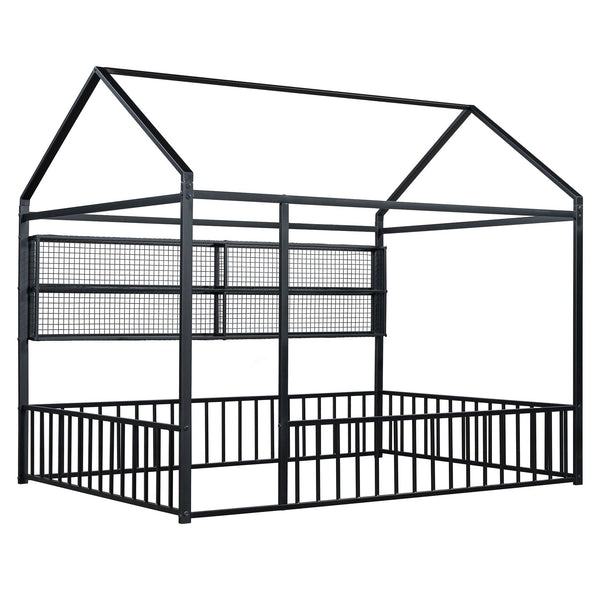 English Elm Full Metal House Bed Frame Full Size with Built-In Fence and 4 Grid Shelves for Durable Storage and Style Black N737P175361B