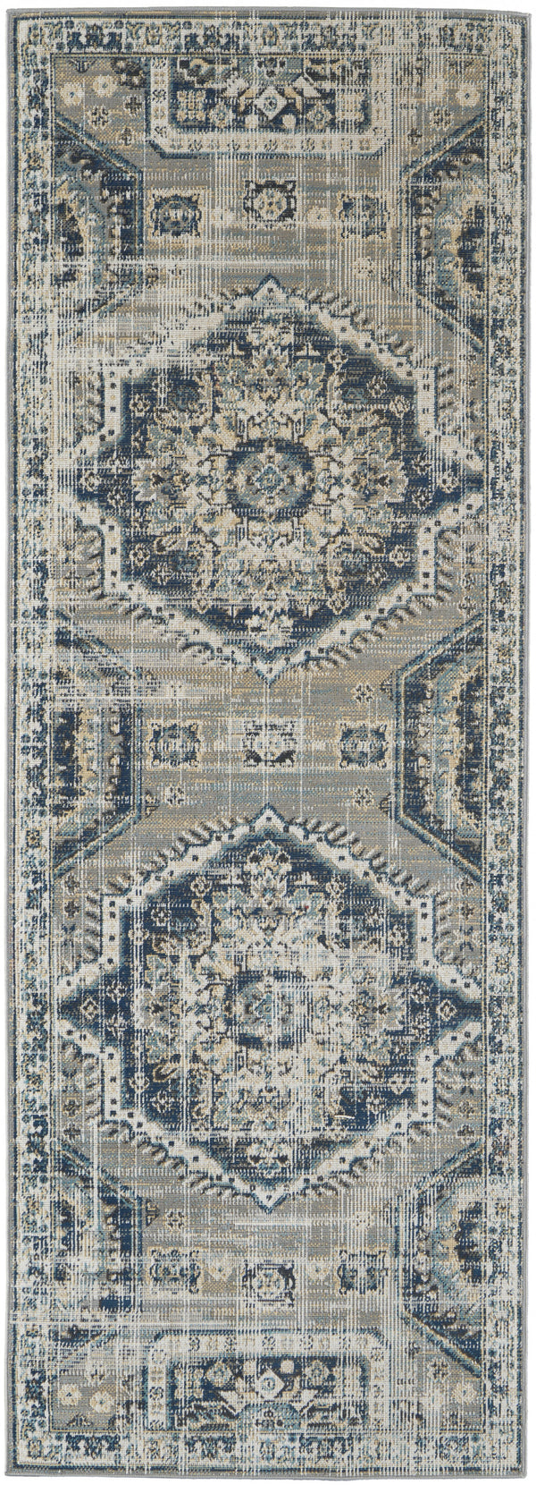 Homeroots 8' Blue And Ivory Abstract Power Loom Distressed Stain Resistant Runner Rug Blue,Ivory Polypropylene 514671