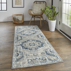 Homeroots 8' Blue And Ivory Abstract Power Loom Distressed Stain Resistant Runner Rug Blue,Ivory Polypropylene 514671
