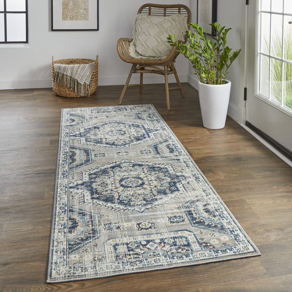 Homeroots 8' Blue And Ivory Abstract Power Loom Distressed Stain Resistant Runner Rug Blue,Ivory Polypropylene 514671