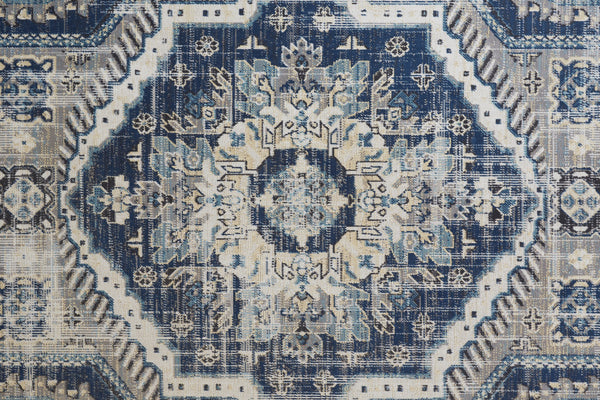 Homeroots 8' Blue And Ivory Abstract Power Loom Distressed Stain Resistant Runner Rug Blue,Ivory Polypropylene 514671