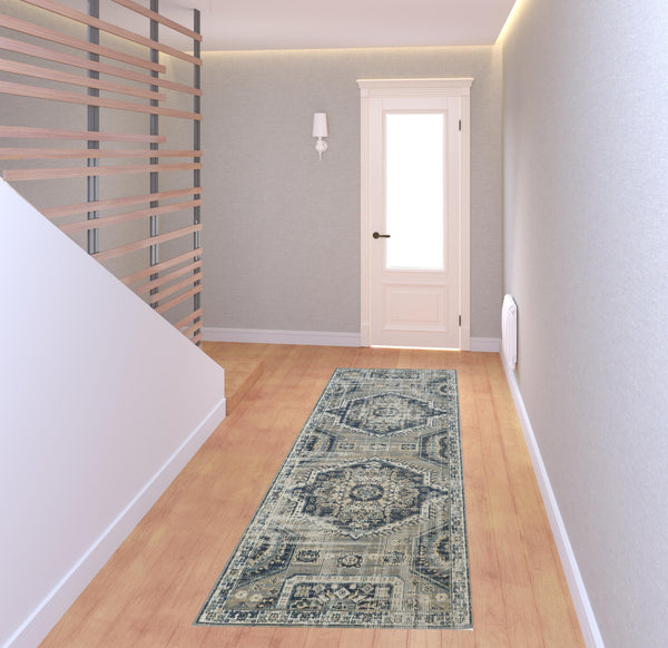 Homeroots 8' Blue And Ivory Abstract Power Loom Distressed Stain Resistant Runner Rug Blue,Ivory Polypropylene 514671