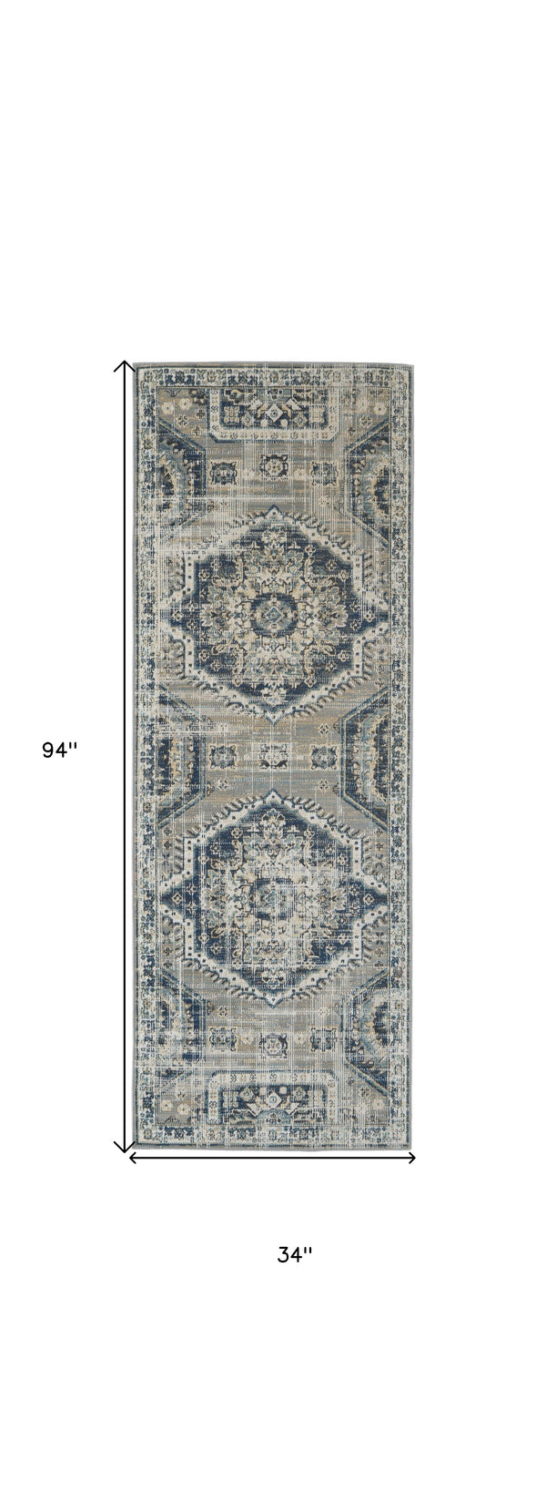 Homeroots 8' Blue And Ivory Abstract Power Loom Distressed Stain Resistant Runner Rug Blue,Ivory Polypropylene 514671